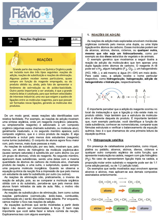 Página do material completo em PDF sobre reações orgânicas