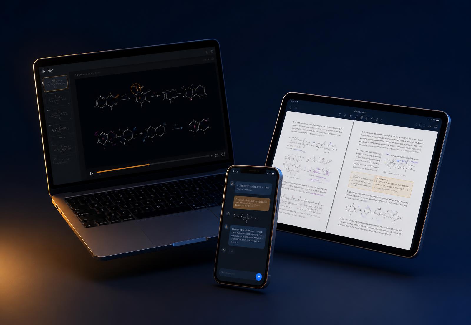 Curso Reações Orgânicas 3C's aberto em notebook, tablet e celular com videoaula, PDF e suporte