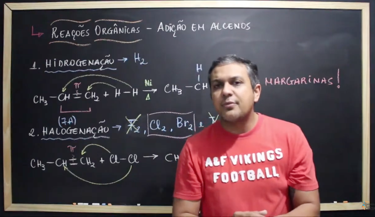 Videoaula sobre reações de adição em alcenos com o Professor Flávio